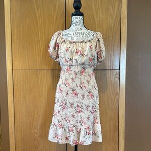 Almost Famous Cream Colored Midi Dress withPink Roses Puff Sleeves & Scoop Neck